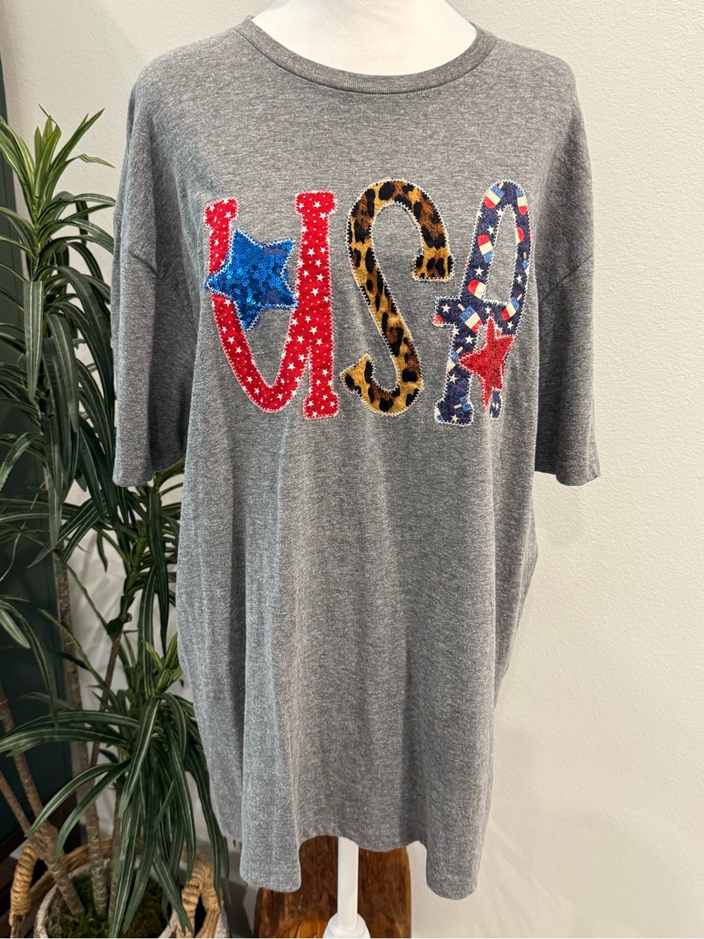 Women’s Southern Belle Gray Graphic Tee Short Sleeve Patriotic USA Top XL